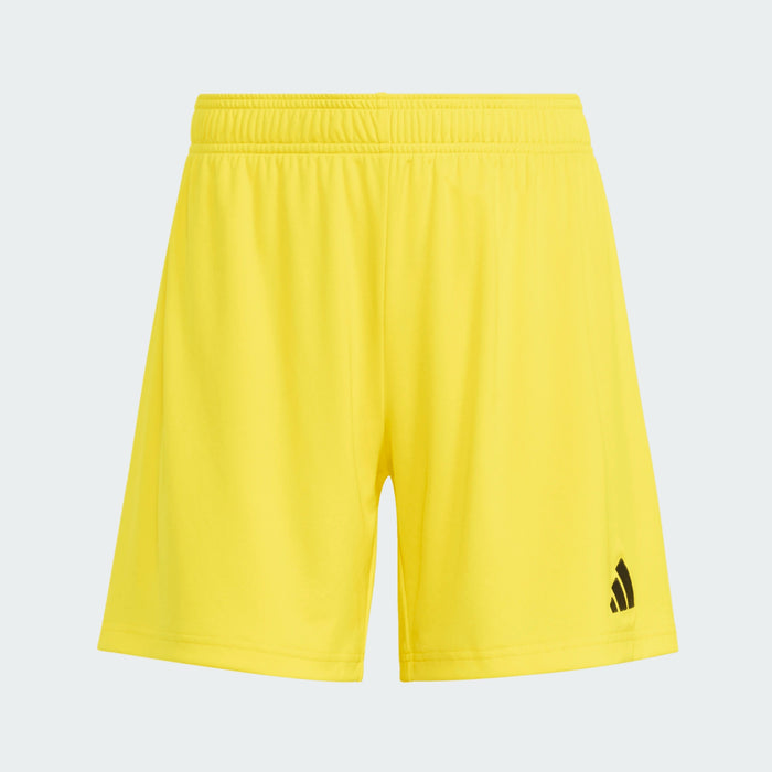 Yellow shorts with a black logo on a light gray background