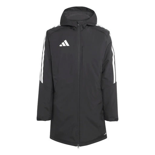 Black jacket with white stripes and Adidas logo on a white background