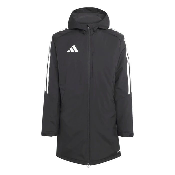 Black jacket with white stripes and Adidas logo on a white background