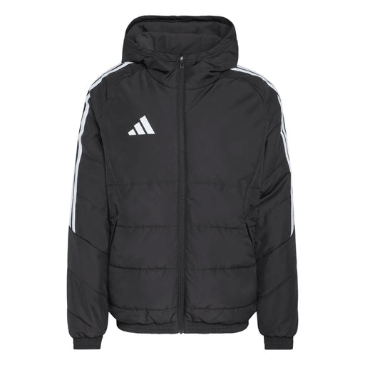 Black puffer jacket with white stripes and Adidas logo on a light gray background