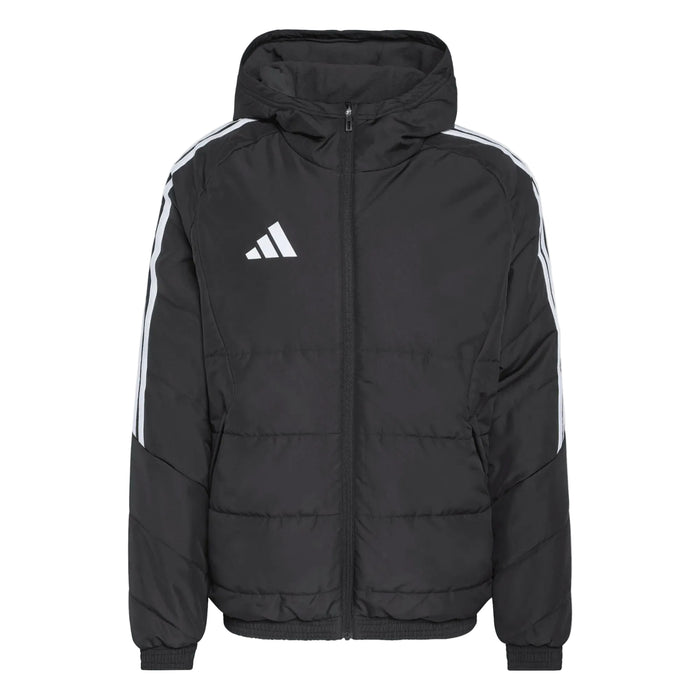 Black puffer jacket with white stripes and Adidas logo on a light gray background