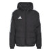 Black puffer jacket with white stripes and Adidas logo on a light gray background