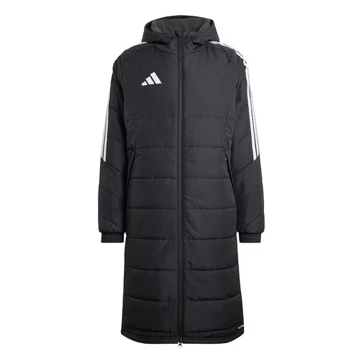 Black puffer coat with white stripes on sleeves and Adidas logo on a white background