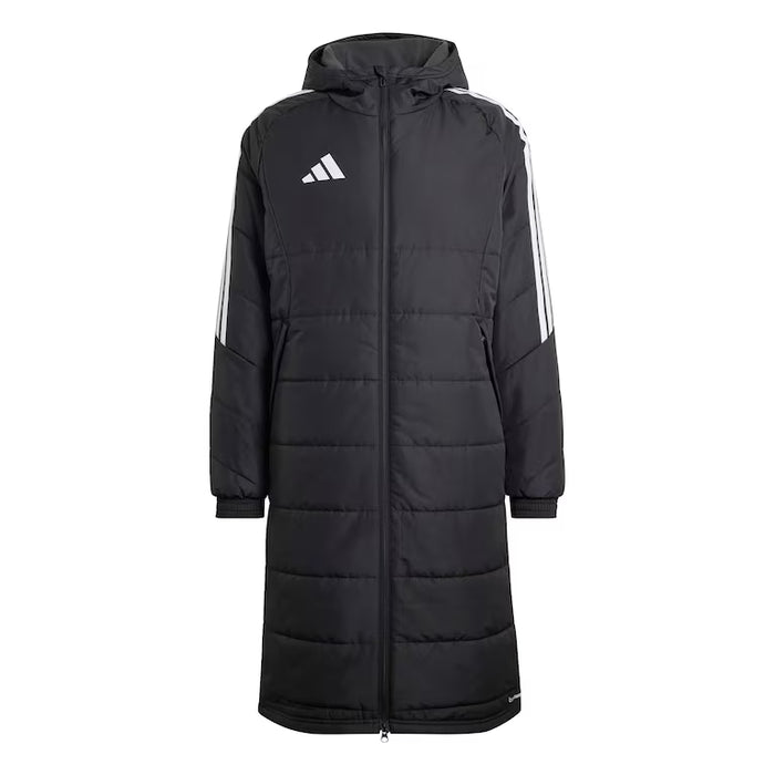 Black puffer coat with white stripes on sleeves and Adidas logo on a white background