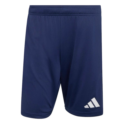 Navy blue shorts with a white logo on a light gray background