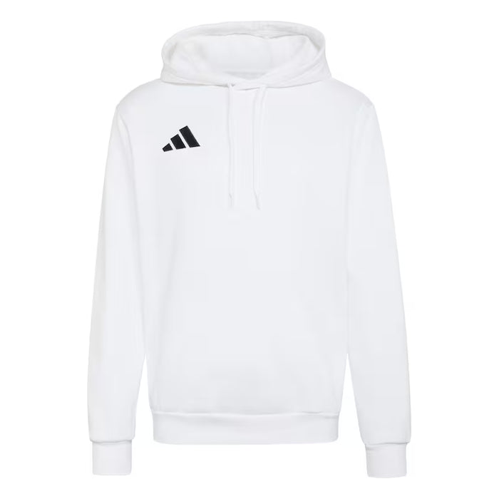 White hoodie with a black logo on a white background