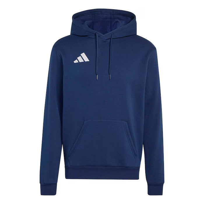 Blue hoodie with a white logo on a white background