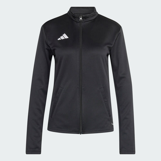 Black jacket with Adidas logo on a light gray background