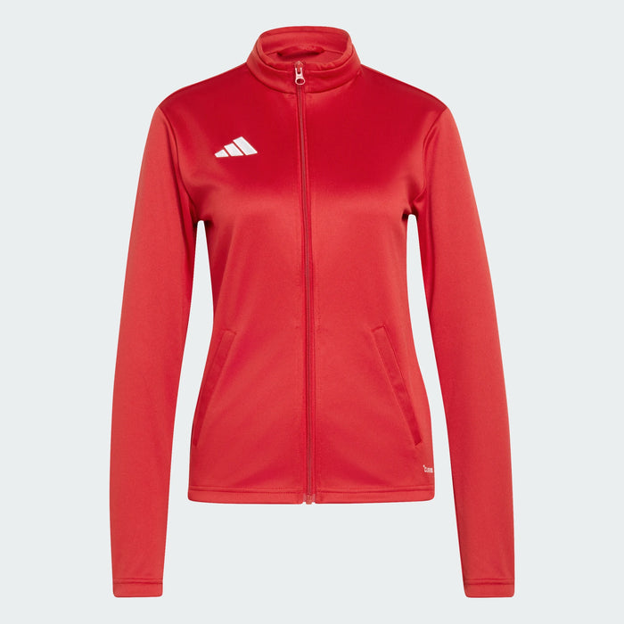 Red jacket with Adidas logo on a light gray background