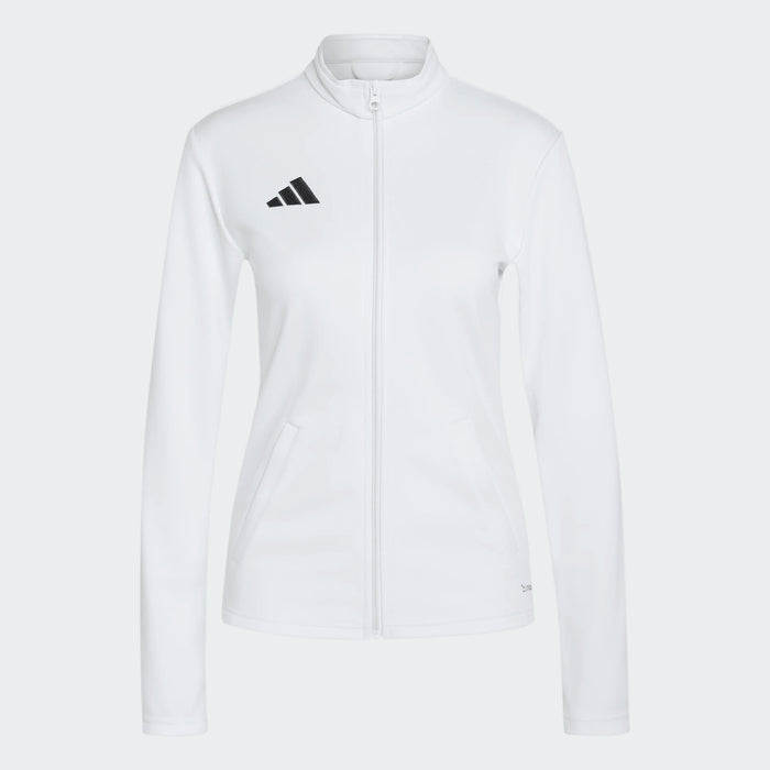 White jacket with Adidas logo on a light gray background