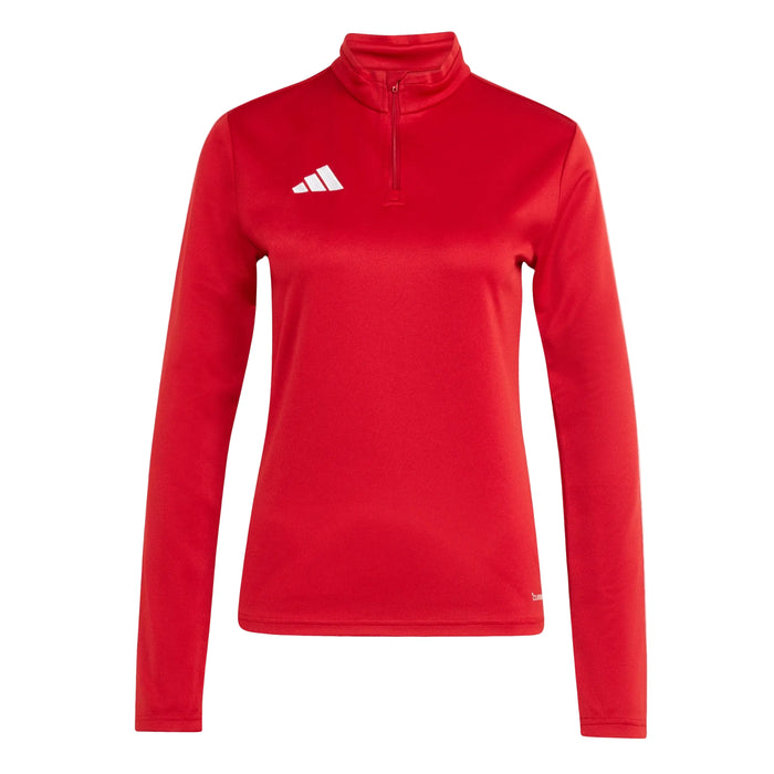 Red long-sleeve athletic top with a white logo on a white background