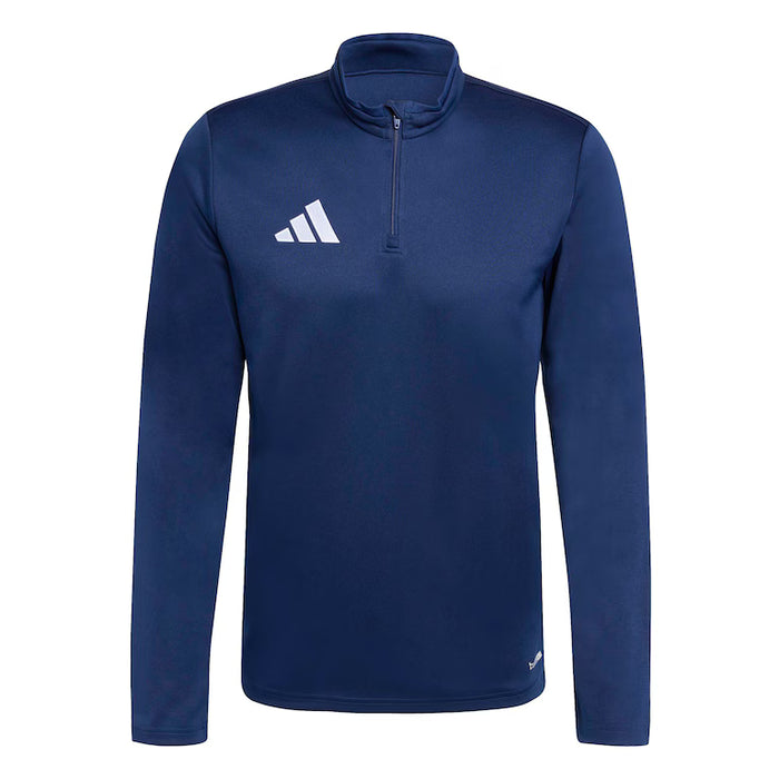 Blue long-sleeve shirt with a white logo on a white background