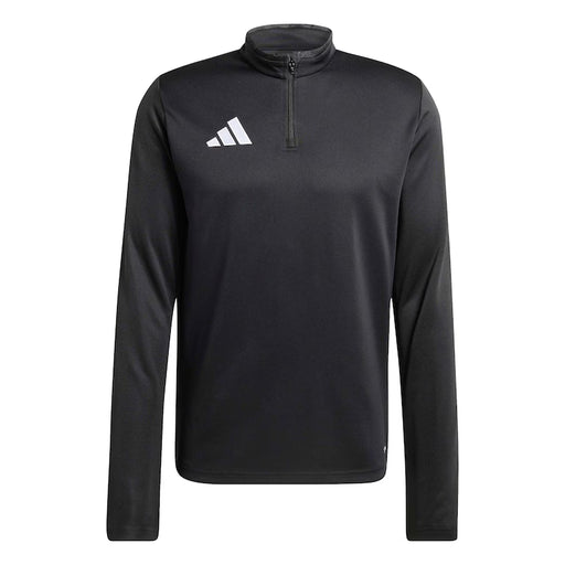 Black long-sleeve athletic shirt with a quarter zip and Adidas logo on a white background
