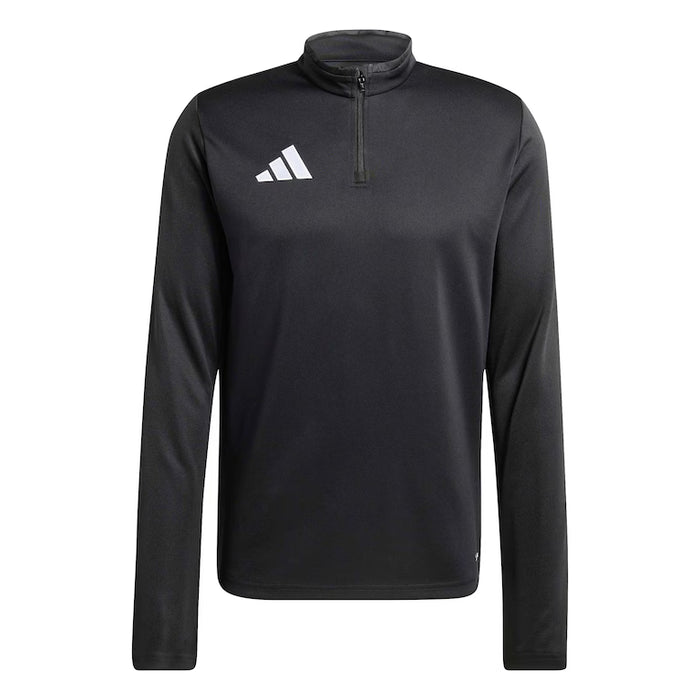 Black long-sleeve athletic shirt with a quarter zip and Adidas logo on a white background