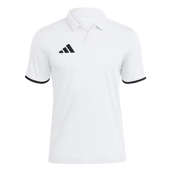 White polo shirt with black accents and Adidas logo on a white background