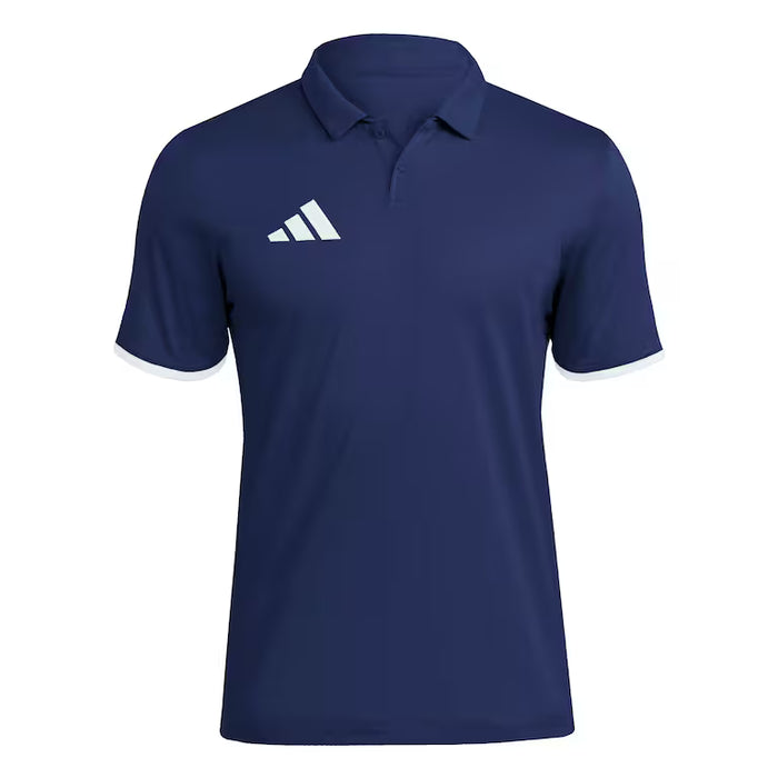 Navy blue polo shirt with Adidas logo on a white background