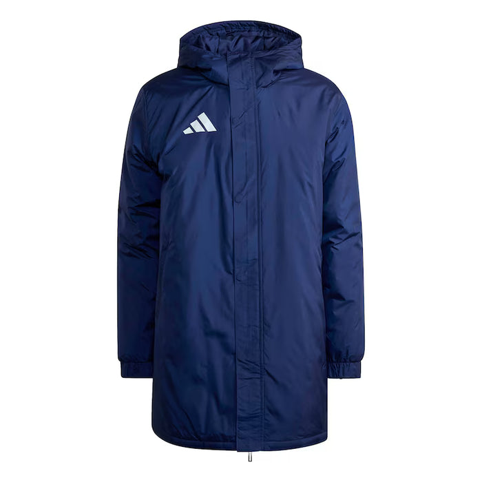 Navy blue raincoat with Adidas logo on a white background