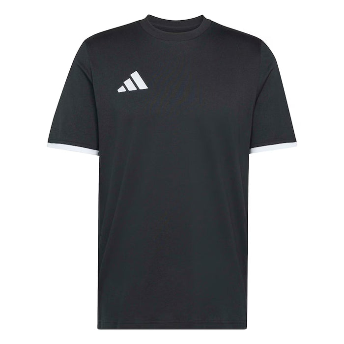 Black t-shirt with Adidas logo on a white background