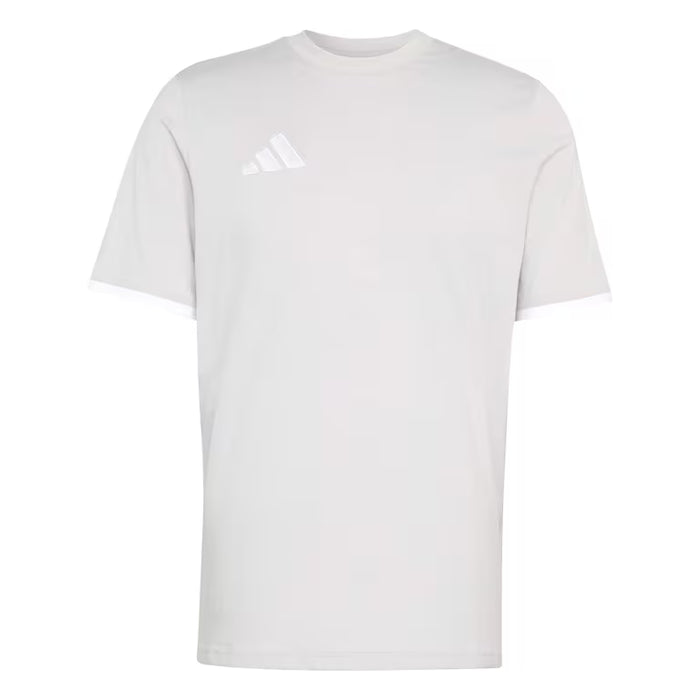 White t-shirt with Adidas logo on a white background