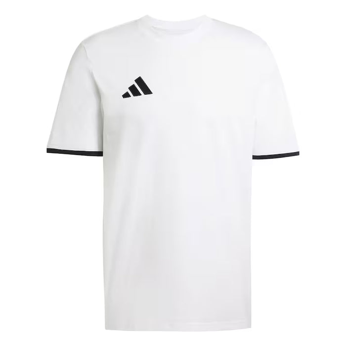 White t-shirt with black accents and Adidas logo on a white background