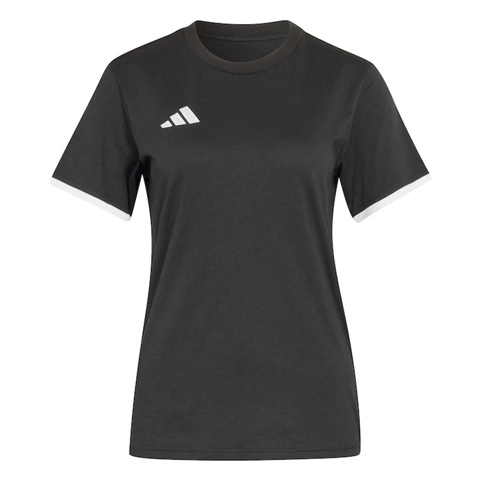 Black t-shirt with Adidas logo on a white background