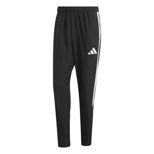 Black tracksuit pants with white stripes and Adidas logo on a white background