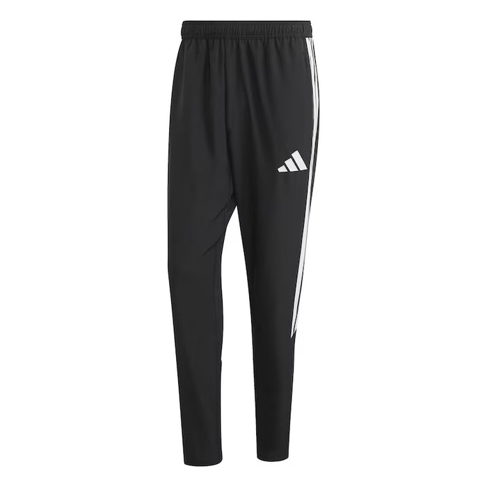 Black tracksuit pants with white stripes and Adidas logo on a white background