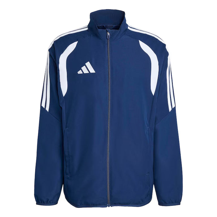 Blue jacket with white stripes and Adidas logo on a white background