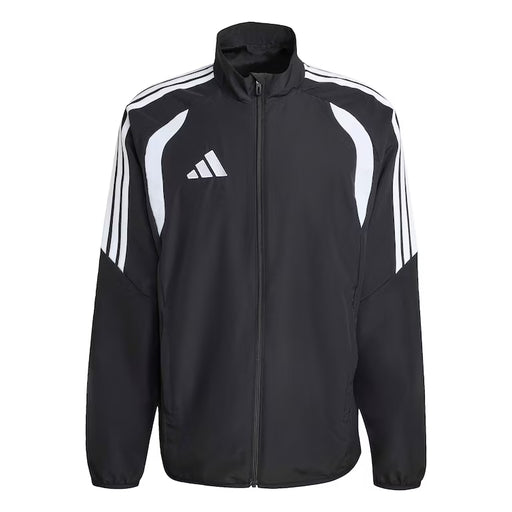 Black jacket with white stripes and Adidas logo on a white background