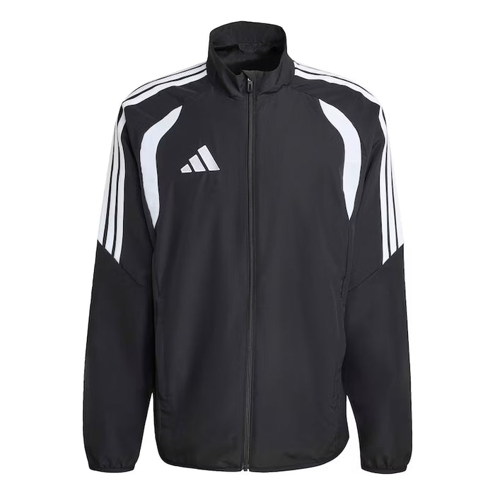 Black jacket with white stripes and Adidas logo on a white background