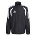 Black jacket with white stripes and Adidas logo on a white background