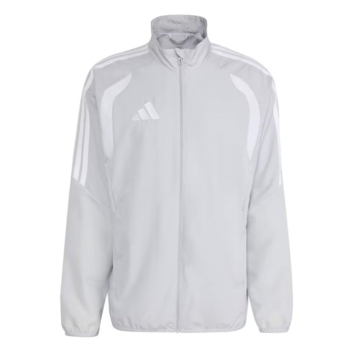 Light gray Adidas jacket with three white stripes on a white background