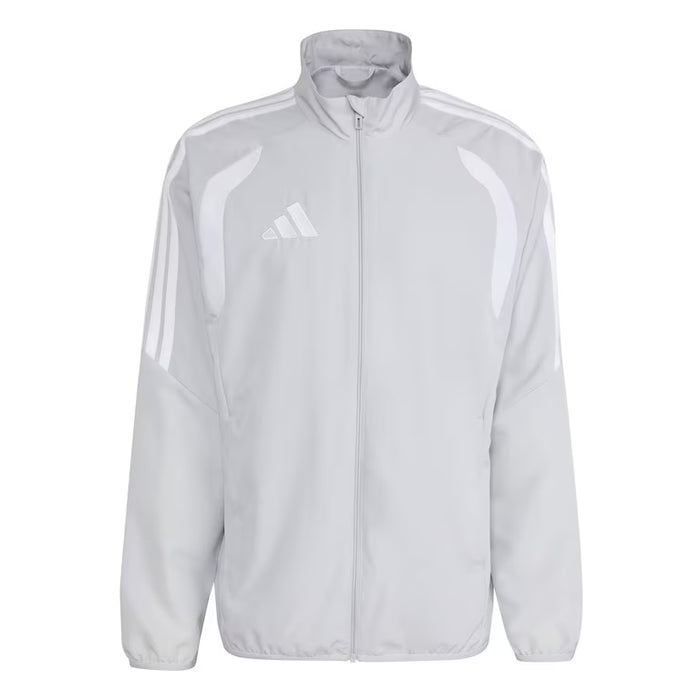 Light gray Adidas jacket with three white stripes on a white background