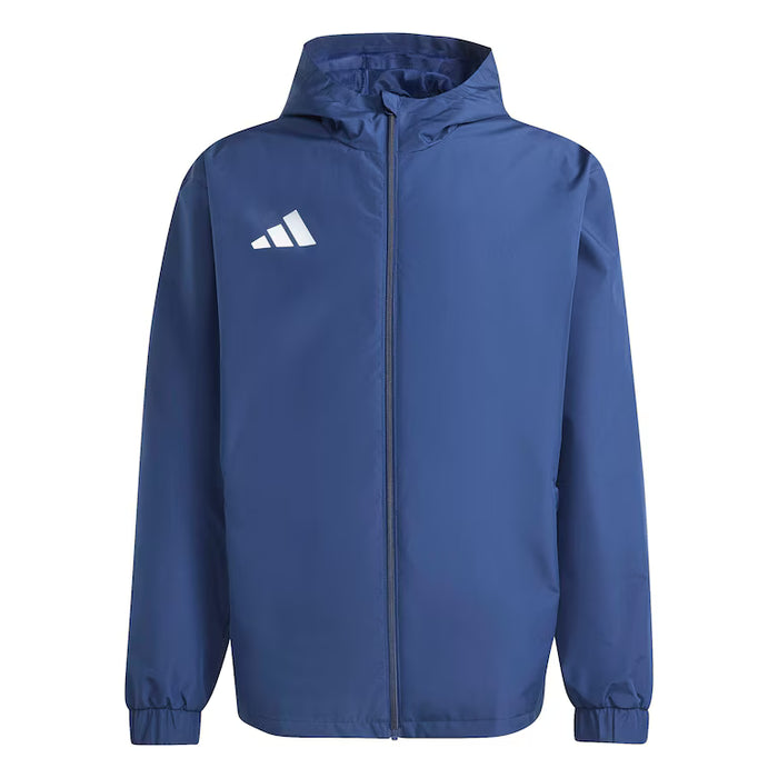 Blue jacket with a hood and Adidas logo on a white background