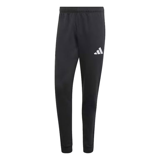 Black Adidas pants with white logo on a white background