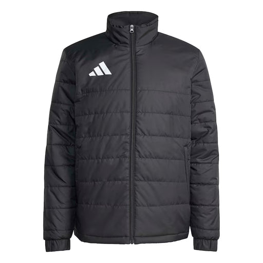 Black puffer jacket with Adidas logo on a white background