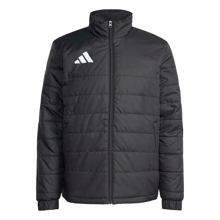 Black puffer jacket with Adidas logo on a white background