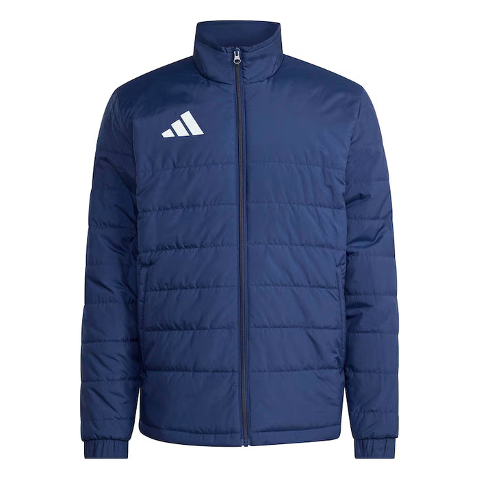Blue puffer jacket with Adidas logo on a white background