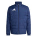 Blue puffer jacket with Adidas logo on a white background