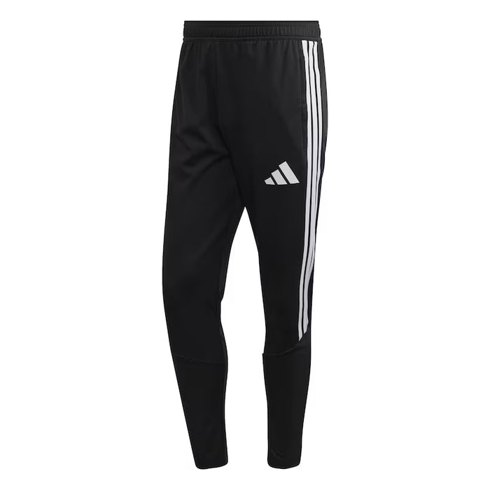 Black tracksuit pants with white stripes and Adidas logo on a white background