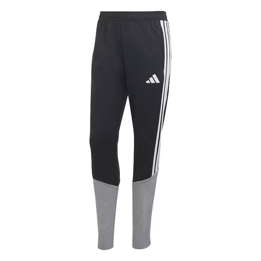 Black and gray tracksuit pants with Adidas logo on a white background