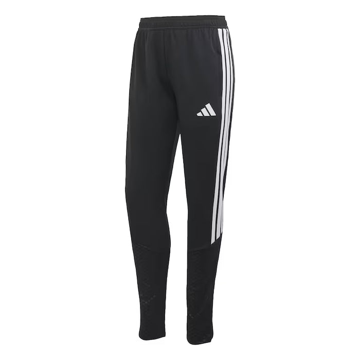 Black Adidas tracksuit pants with white stripes on a white background