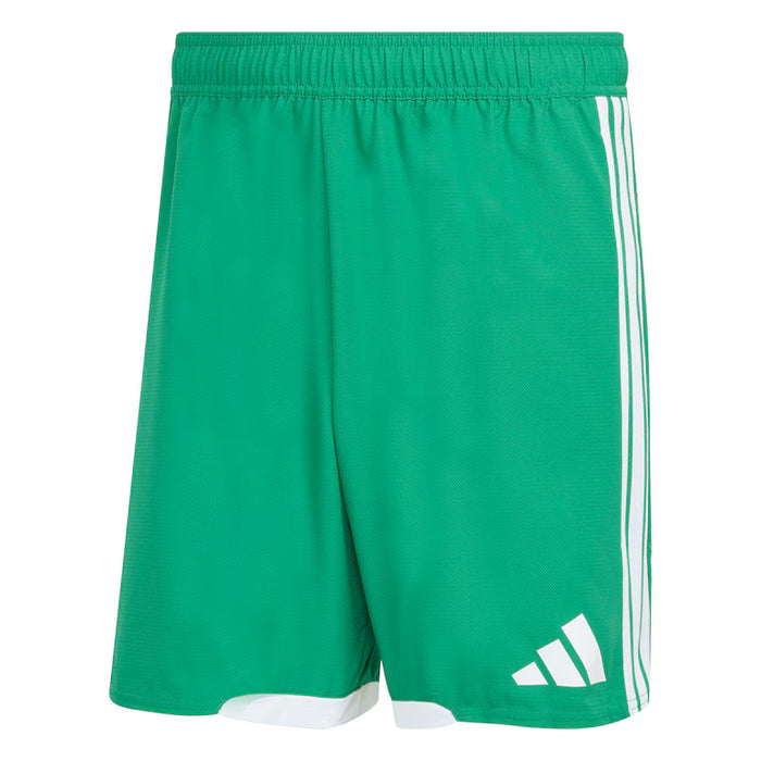 Green shorts with white stripes and logo on a white background