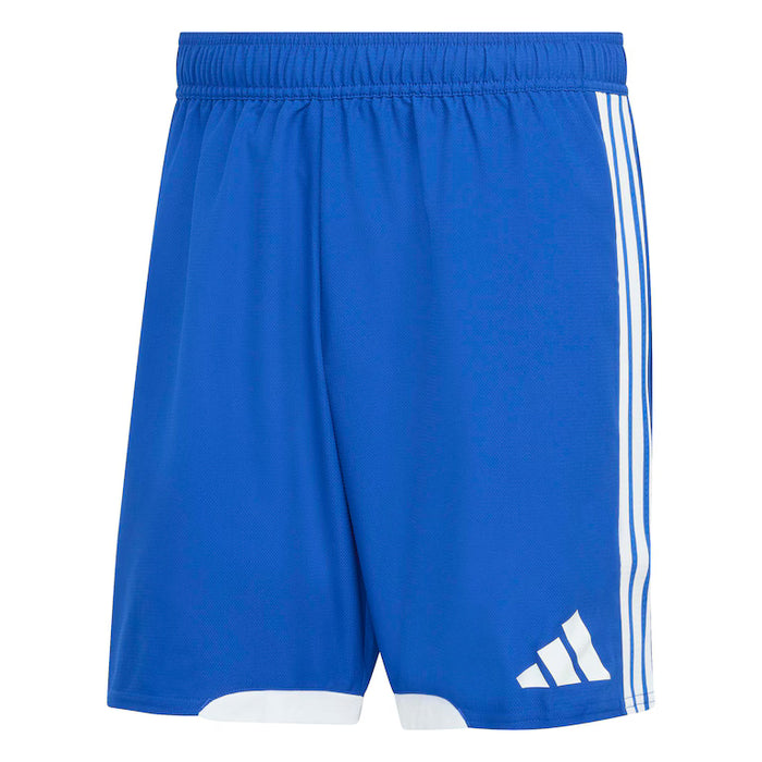 Blue shorts with white stripes and Adidas logo on a white background