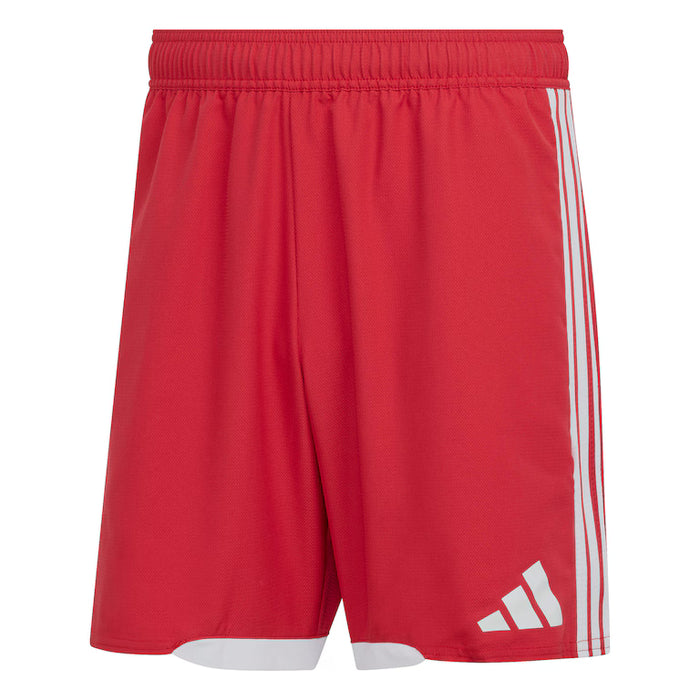 Red shorts with white stripes and Adidas logo on a white background