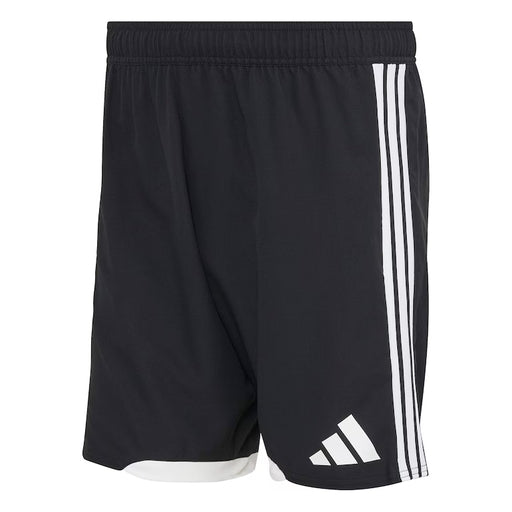 Black athletic shorts with white stripes and logo on a white background