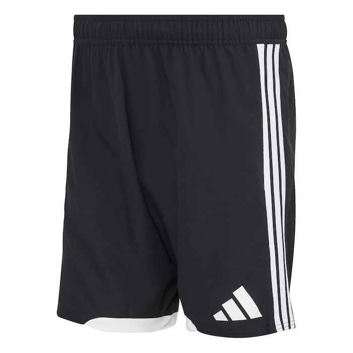 Black athletic shorts with white stripes and logo on a white background