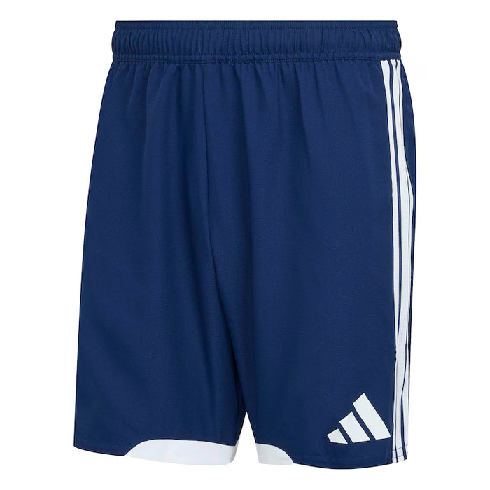 Navy blue shorts with white stripes and Adidas logo on a white background
