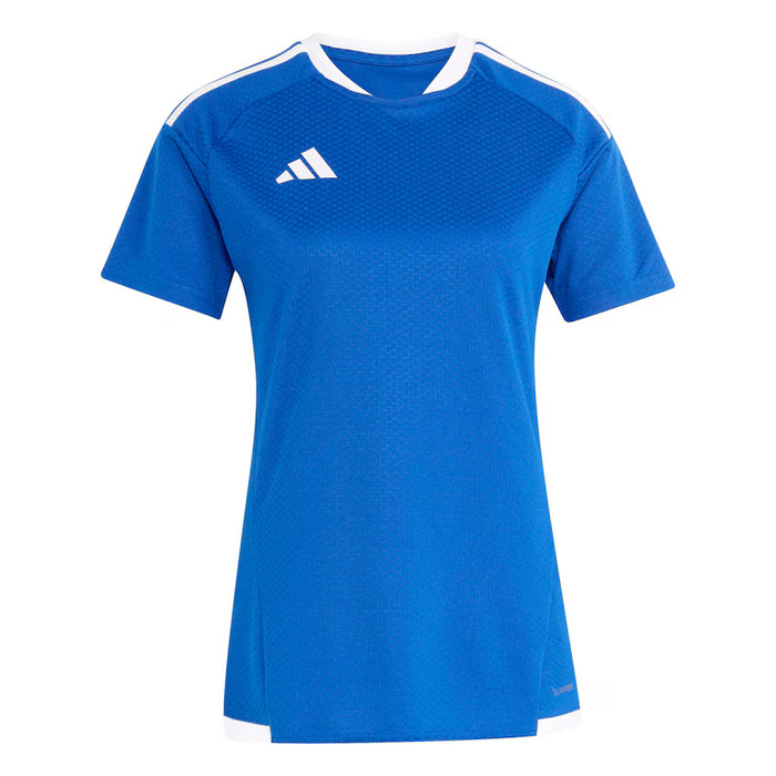 Blue athletic shirt with white accents on a white background