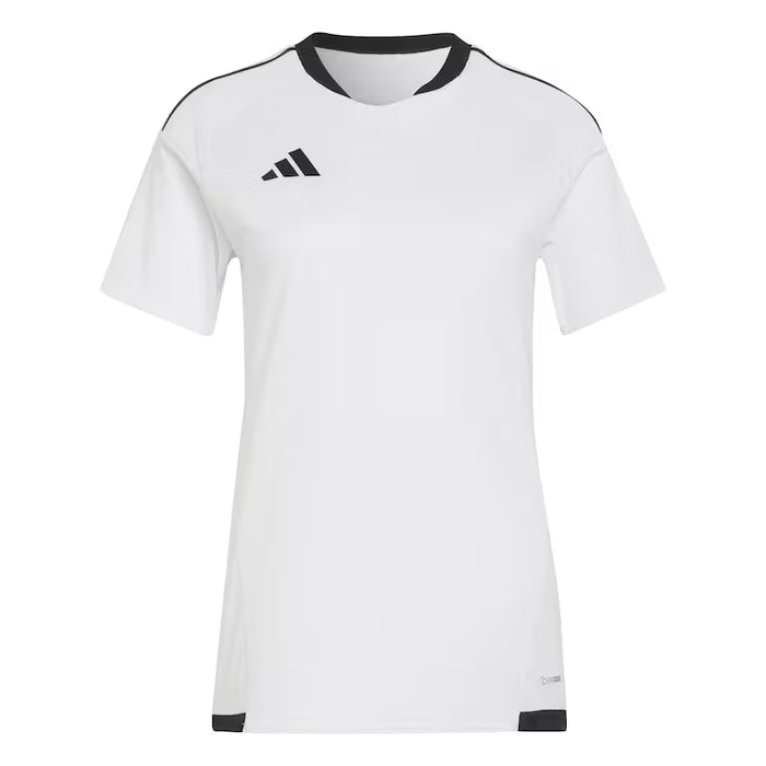 White t-shirt with black accents and Adidas logo on a white background